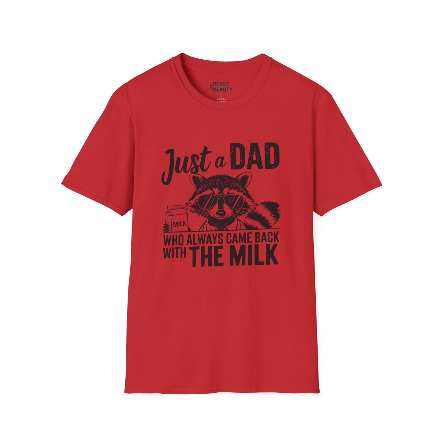 red t-shirt with came back with the milk funny raccoon sunglasses dad t-shirt