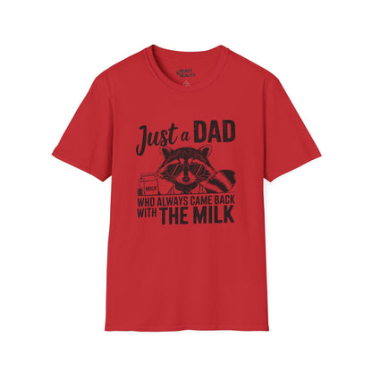 red t-shirt with came back with the milk funny raccoon sunglasses dad t-shirt