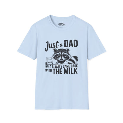 light blue t-shirt with came back with the milk funny dad raccoon slogan tee