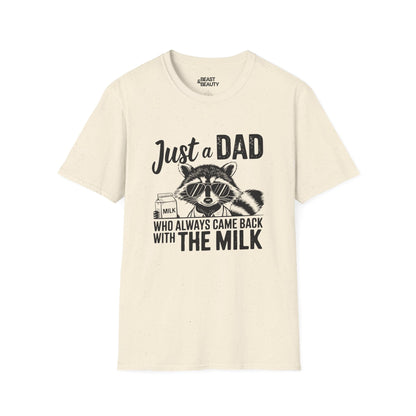 natural t-shirt with came back with the milk dad joke raccoon graphic tee