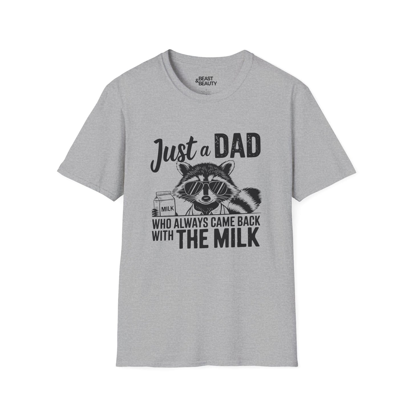 sport grey t-shirt with came back with the milk raccoon sunglasses dad slogan