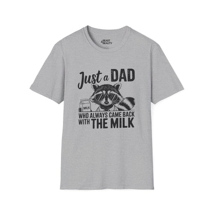 sport grey t-shirt with came back with the milk raccoon sunglasses dad slogan