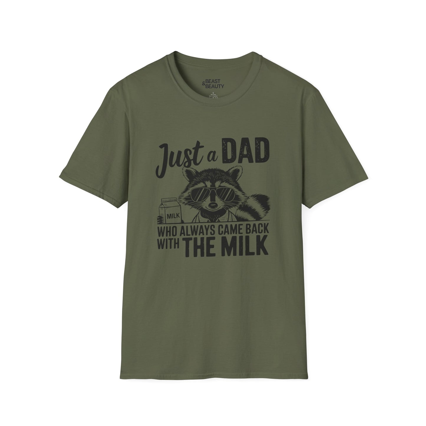 military green t-shirt with came back with the milk raccoon graphic funny dad gift