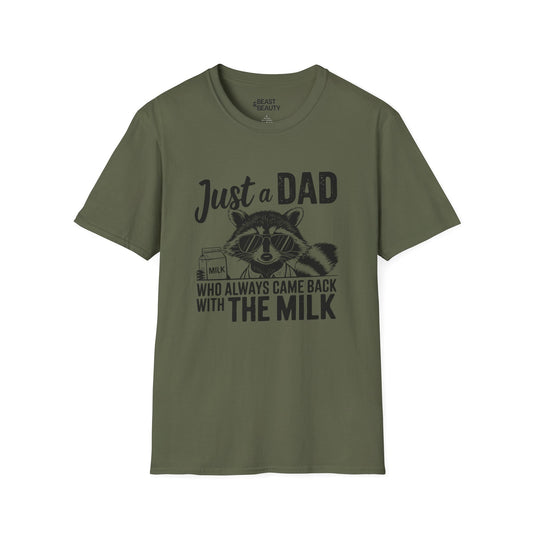 military green t-shirt with came back with the milk raccoon graphic funny dad gift