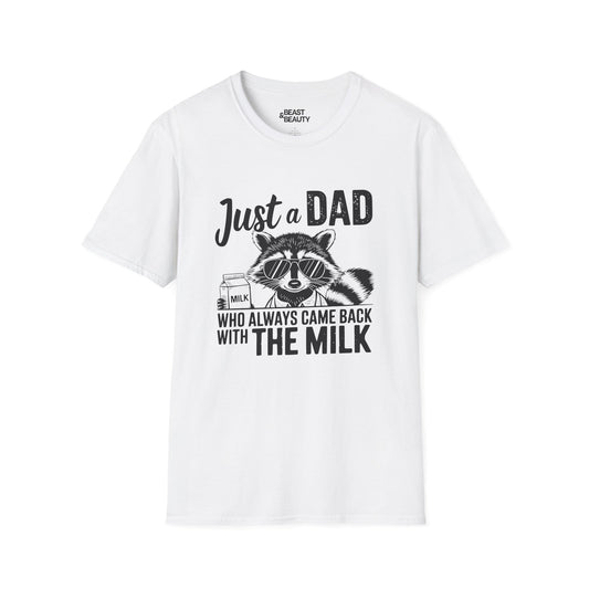 white t-shirt with came back with the milk raccoon in sunglasses funny dad design