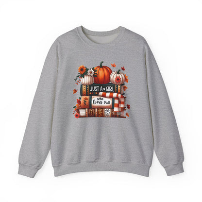 light pink sweatshirt with just a girl who loves fall design for autumn gift