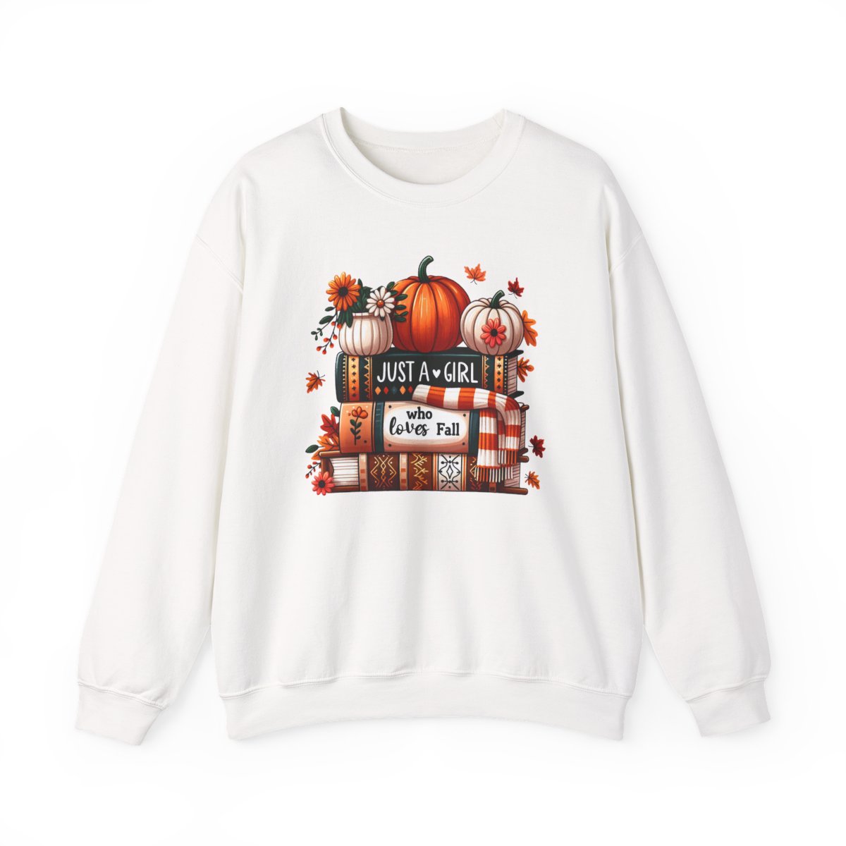 sand sweatshirt with just a girl who loves fall graphic printed front