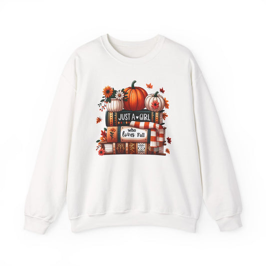 sand sweatshirt with just a girl who loves fall graphic printed front