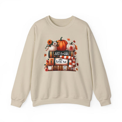 white sweatshirt with just a girl who loves fall autumn lover print