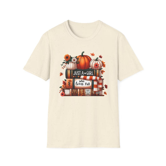 light blue t-shirt with just a girl who loves fall pumpkin graphic design
