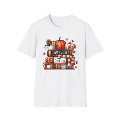 white t-shirt with pumpkin season girl design for autumn gift