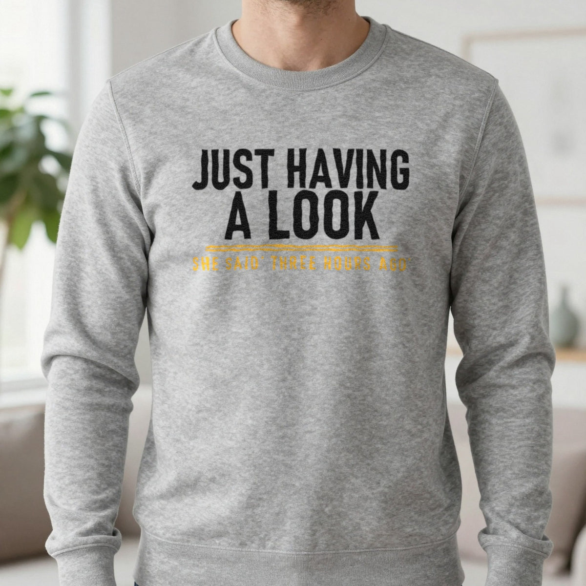 Just Having A Look She Said Three Hours Ago Funny Couples T-Shirt & Sweatshirt in Sport Grey, worn, our photo