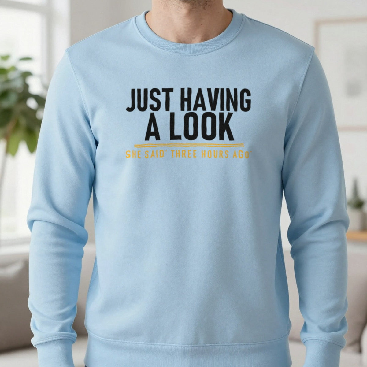 Just Having A Look She Said Three Hours Ago Funny Couples T-Shirt & Sweatshirt in Light Blue, worn, our photo