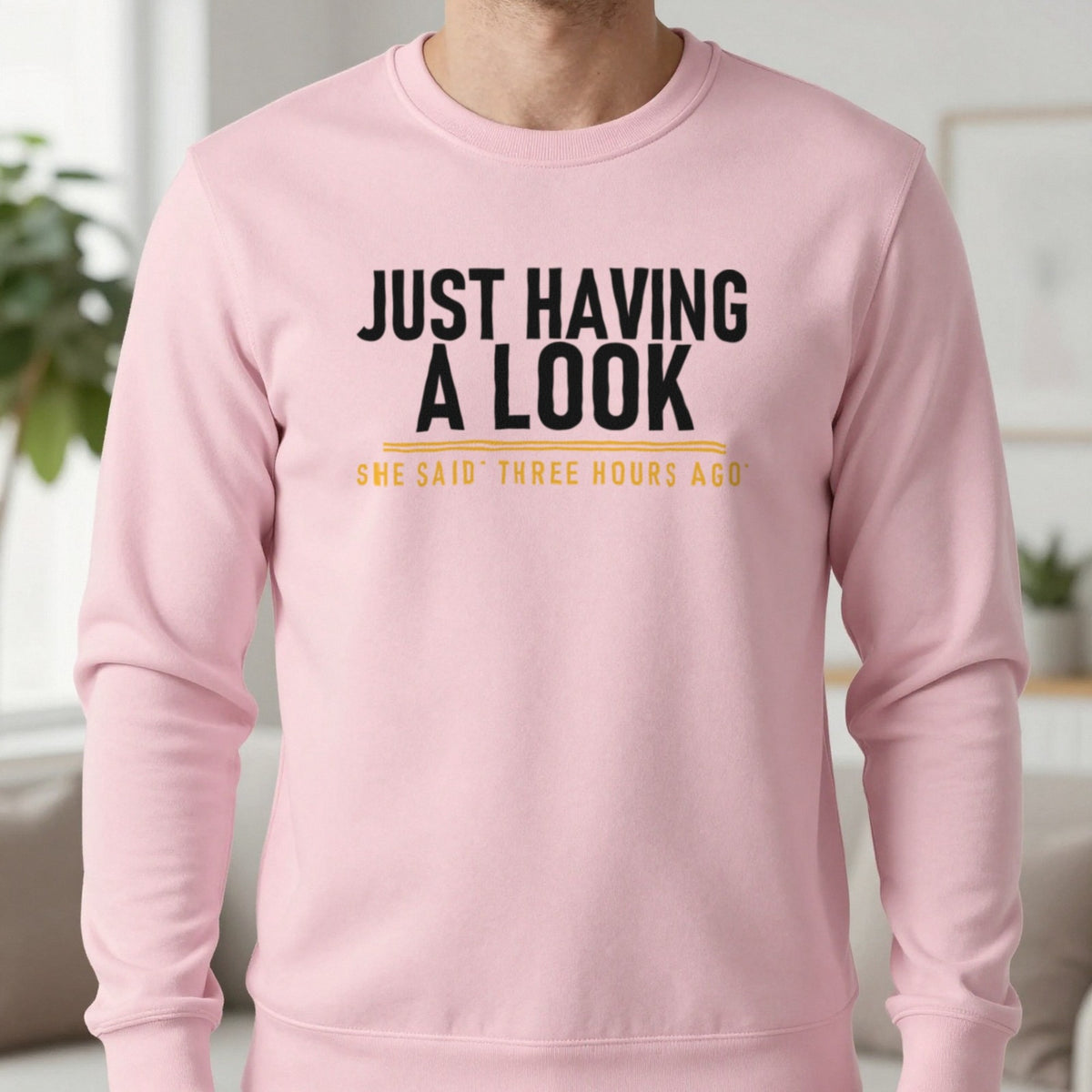 Just Having A Look She Said Three Hours Ago Funny Couples T-Shirt & Sweatshirt in Light Pink, worn, our photo