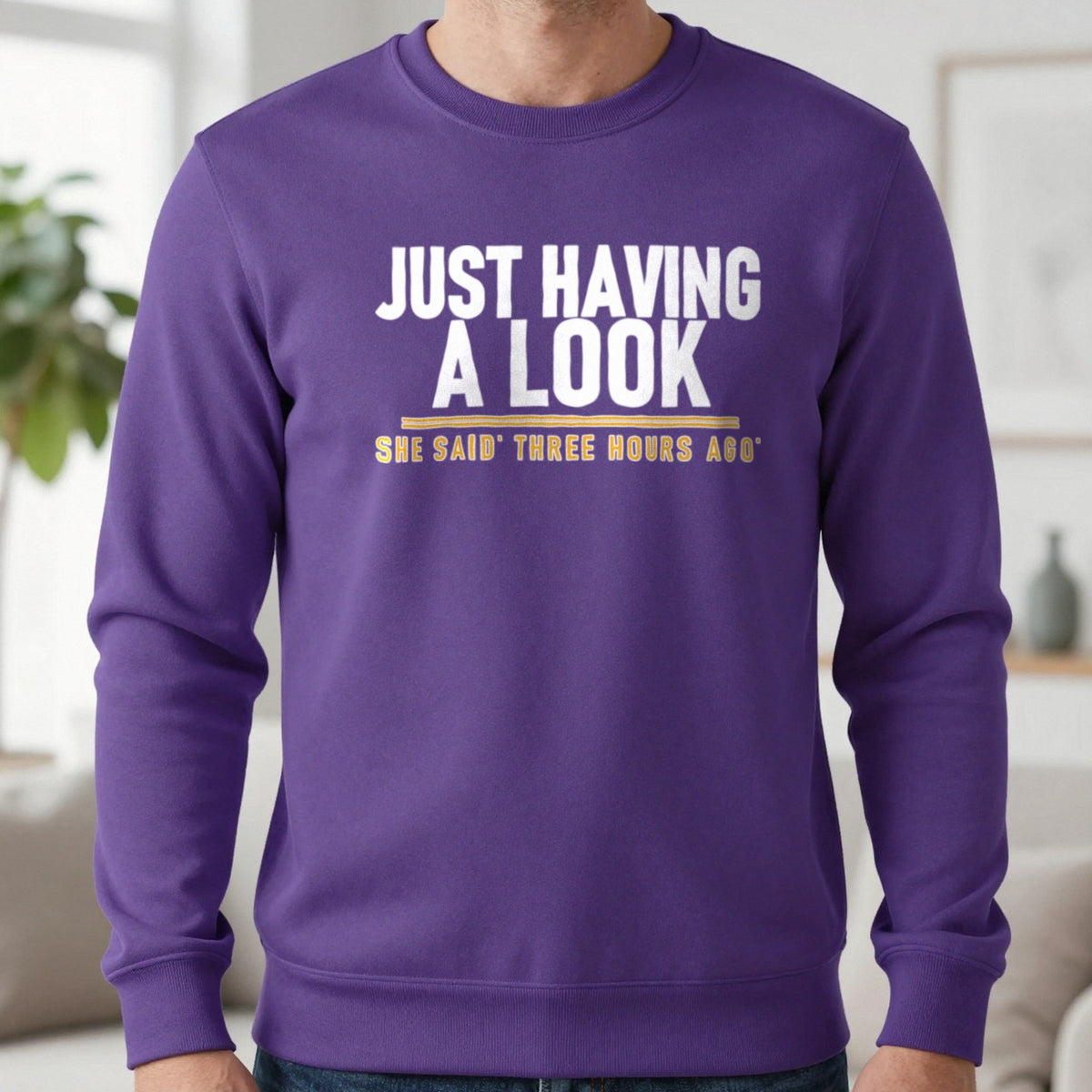 Just Having A Look She Said Three Hours Ago Funny Couples T-Shirt & Sweatshirt in Purple, worn, our photo