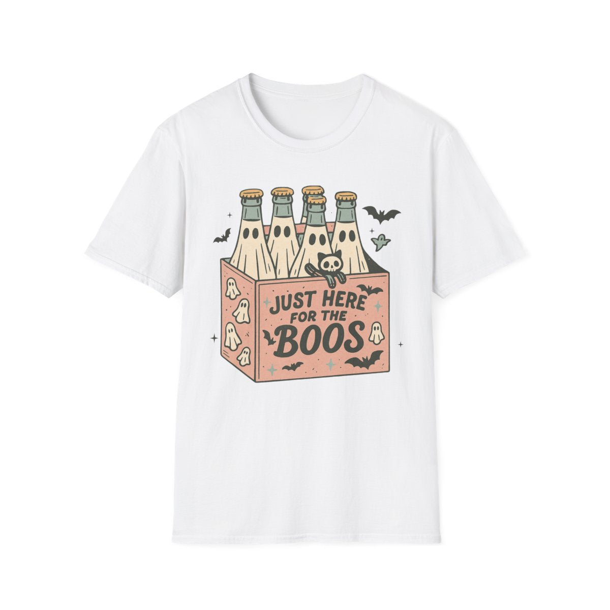 light blue t-shirt with just here for the boos ghost drink design