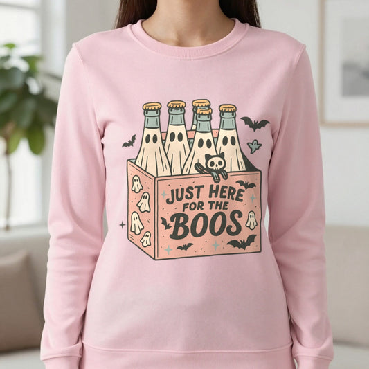Just Here For The Boos Halloween Sweatshirt in Light Pink, worn, our photo