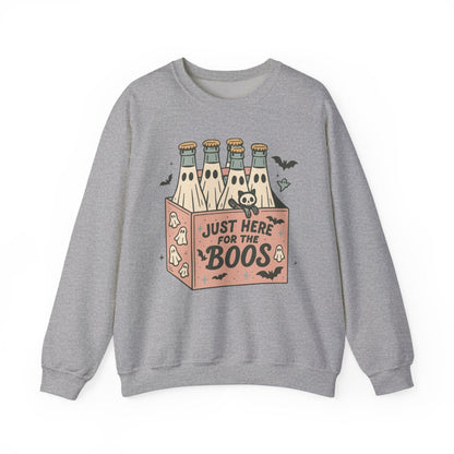 light pink sweatshirt with just here for the boos ghost bottle design