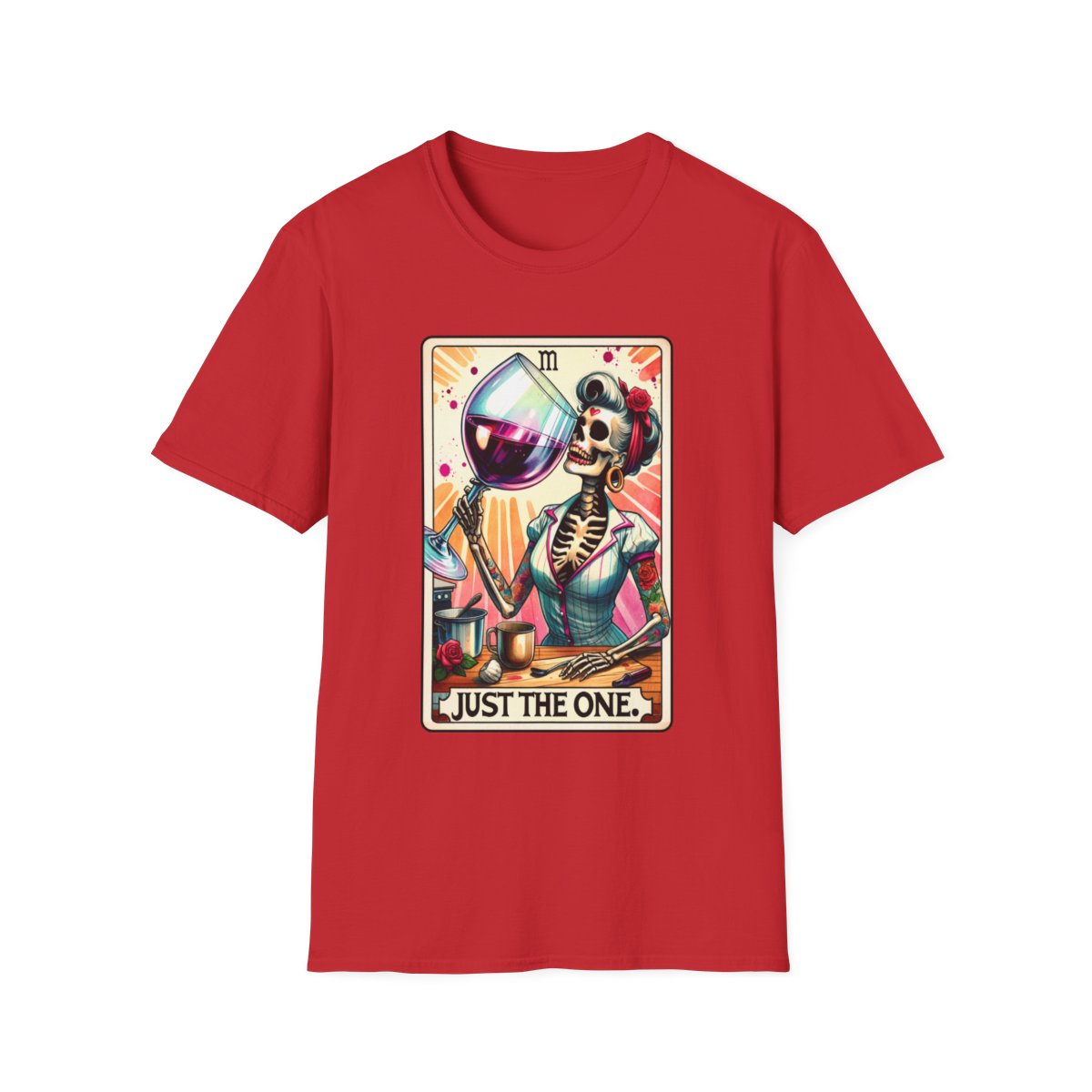 light blue t-shirt with just the one wine tarot card funny design