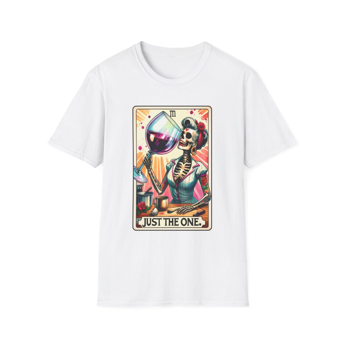navy t-shirt with just the one wine tarot graphic for wine lovers