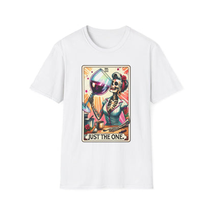 navy t-shirt with just the one wine tarot graphic for wine lovers