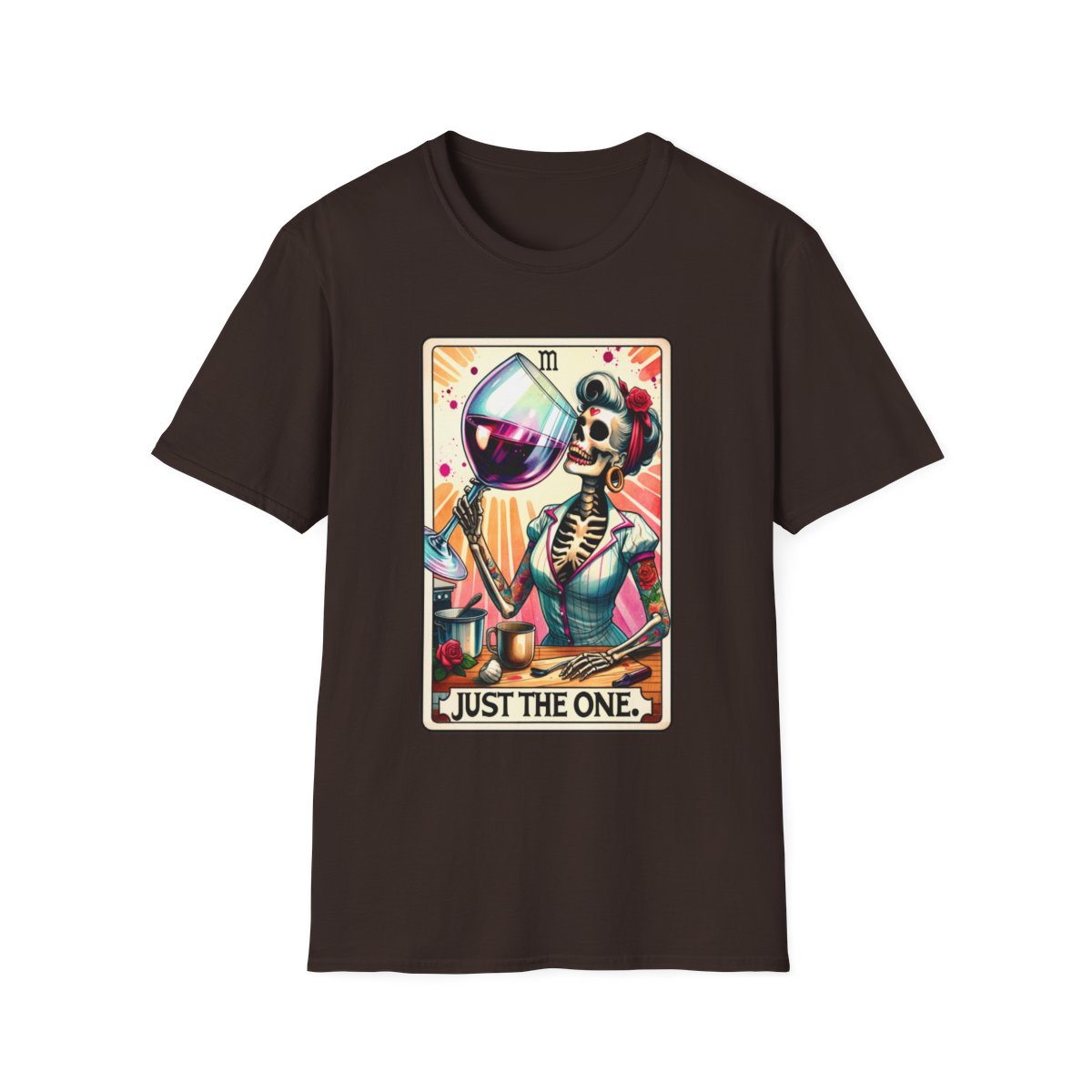 red t-shirt with bold just the one tarot wine design