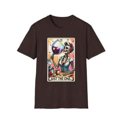 red t-shirt with bold just the one tarot wine design
