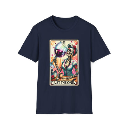 royal blue t-shirt with colourful just the one wine tarot artwork