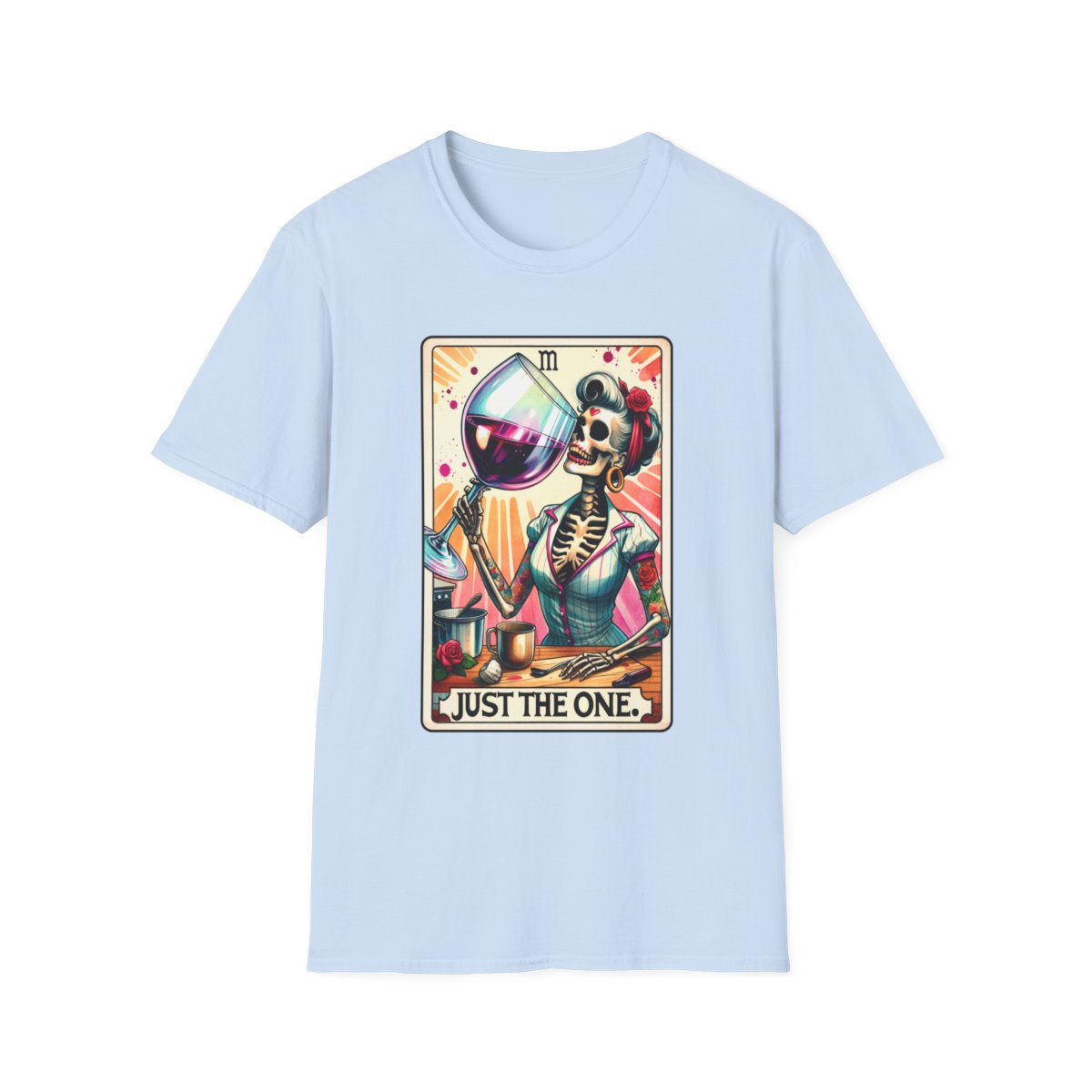 just the one wine tarot t-shirt displayed on model showing fit and design