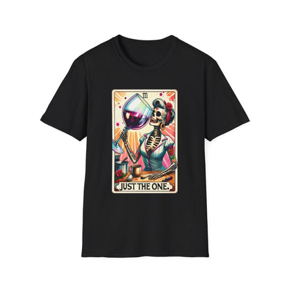 black t-shirt with just the one wine tarot graphic tee design