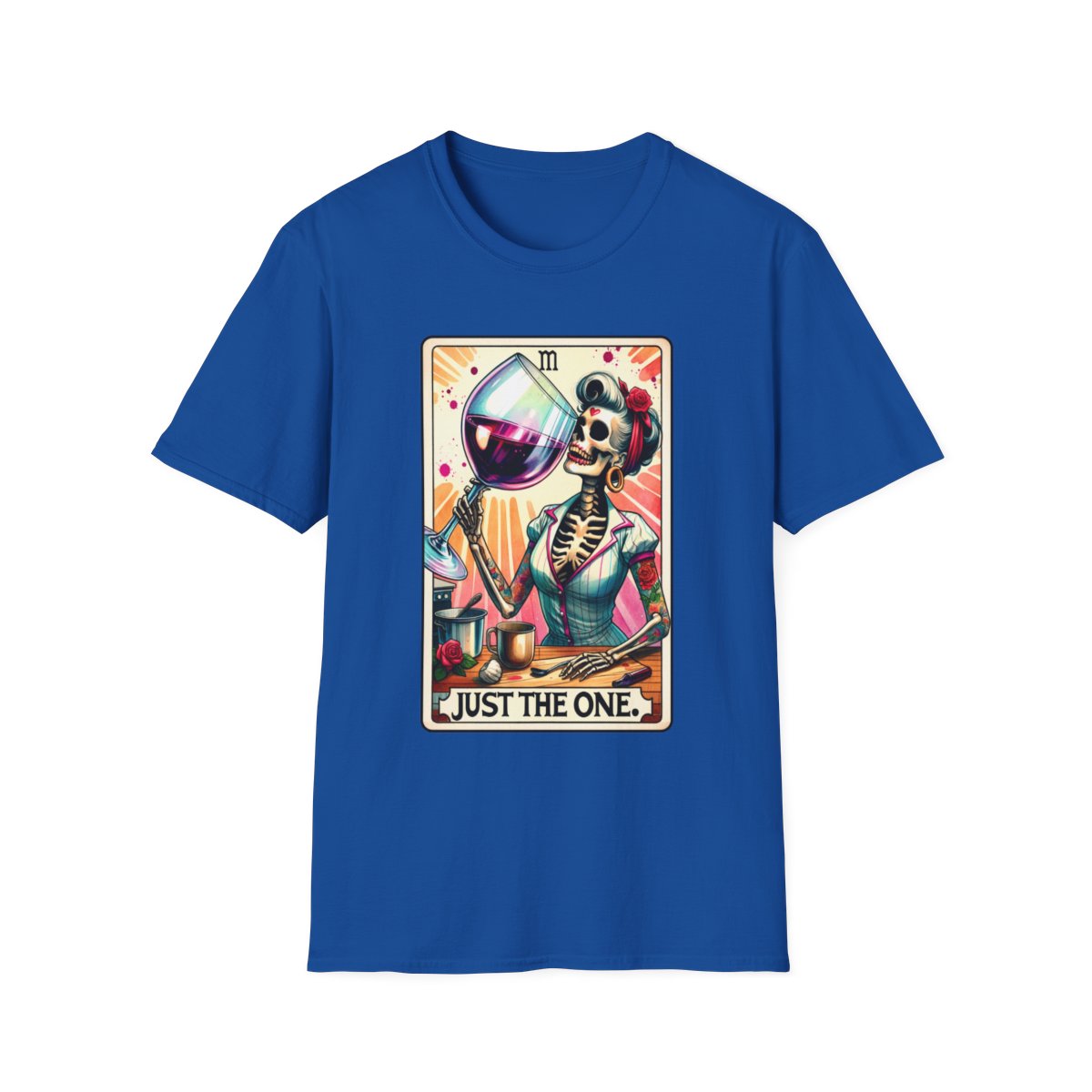 white t-shirt with vintage-inspired just the one wine tarot print