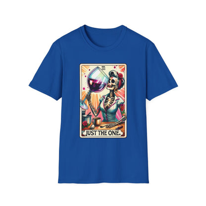 white t-shirt with vintage-inspired just the one wine tarot print