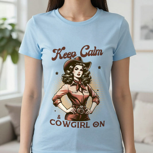 Keep Calm & Cowgirl On T-Shirt in Light Blue, worn, our photo