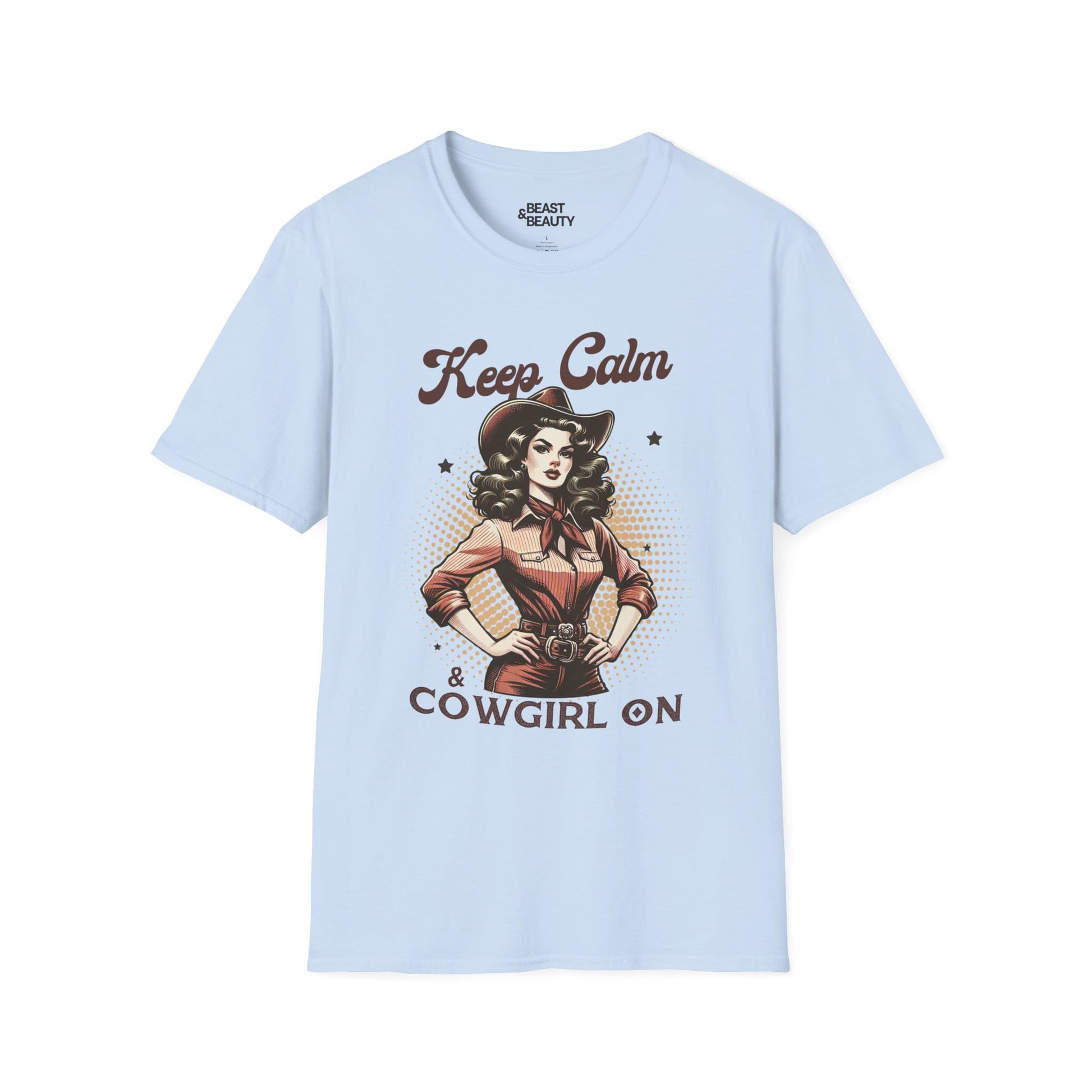keep calm & cowgirl on t-shirt light blue t-shirt cowgirl gift idea