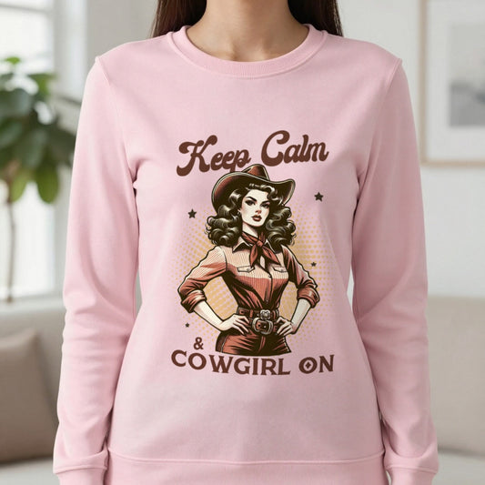 Keep Calm & Cowgirl On Western Sweatshirt in Light Pink, worn, our photo