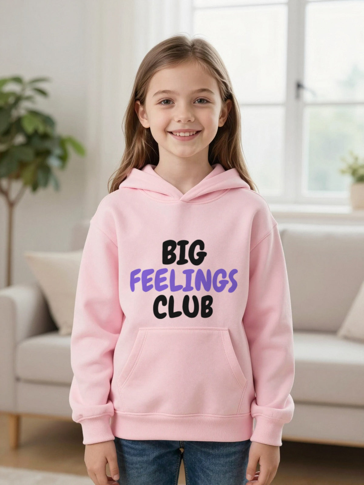 Kids Big Feelings Club T-Shirt, Sweatshirt & Hoodie Hoodie in Light Pink, worn by a child