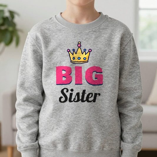 Kids Big Sister T-Shirt & Sweatshirt in Sport Grey (Sweatshirt), worn, our photo