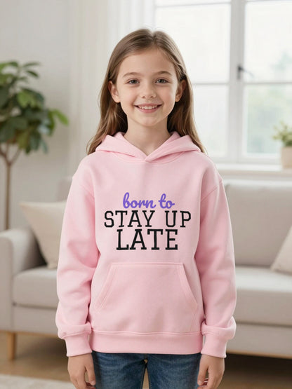 Kids Born To Stay Up Late T-Shirt, Sweatshirt & Hoodie Hoodie in Light Pink, worn by a child