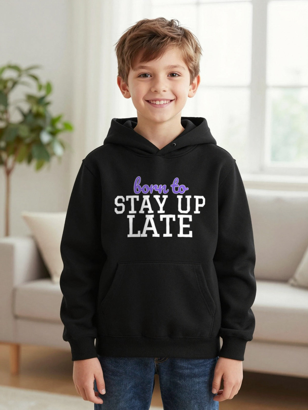 Kids Born To Stay Up Late T-Shirt, Sweatshirt & Hoodie Hoodie in Black, worn by a child