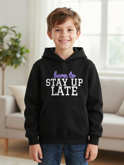 Kids Born To Stay Up Late T-Shirt, Sweatshirt & Hoodie Hoodie in Black, worn by a child