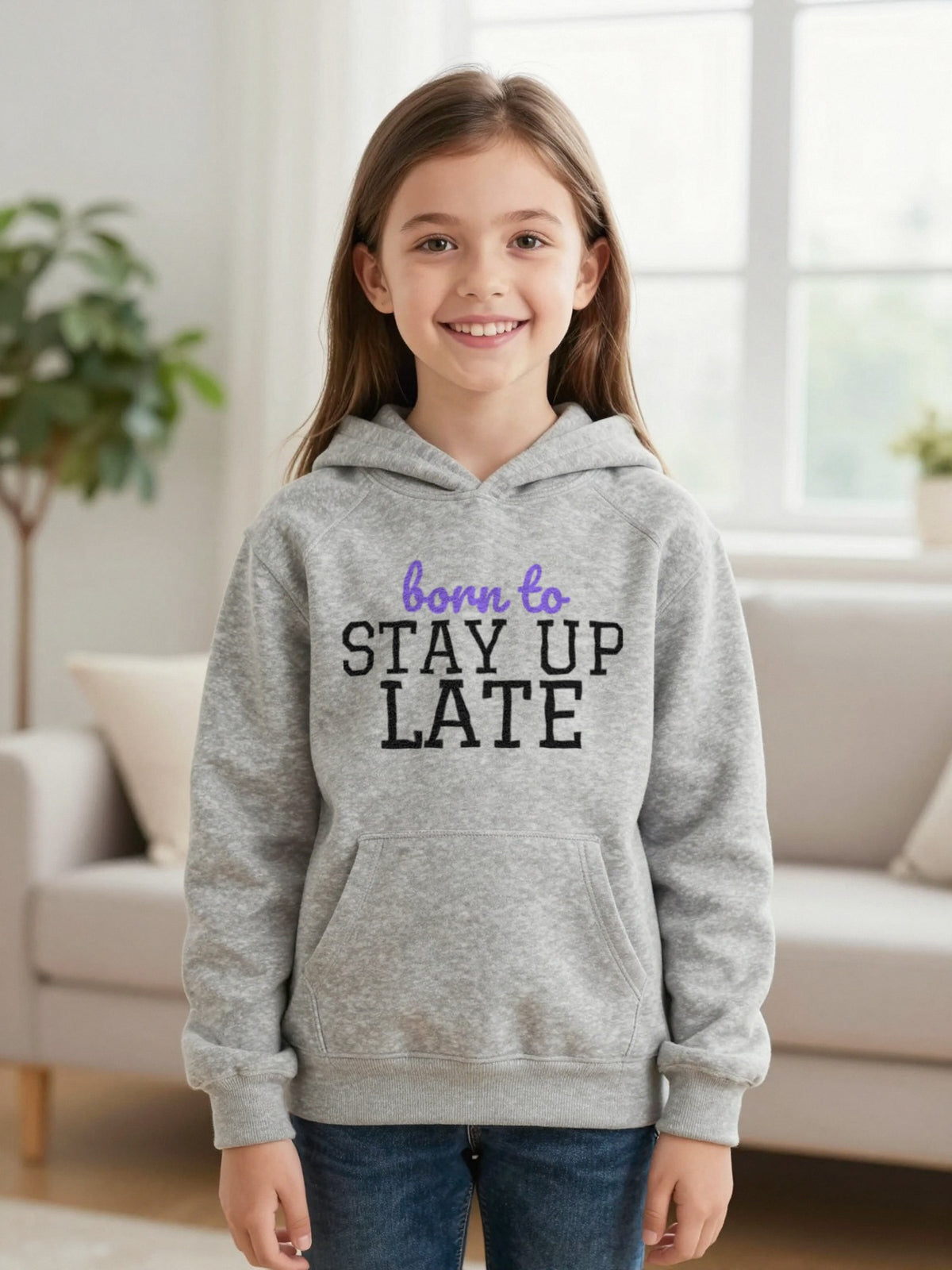 Kids Born To Stay Up Late T-Shirt, Sweatshirt & Hoodie Hoodie in Sport Grey, worn by a child