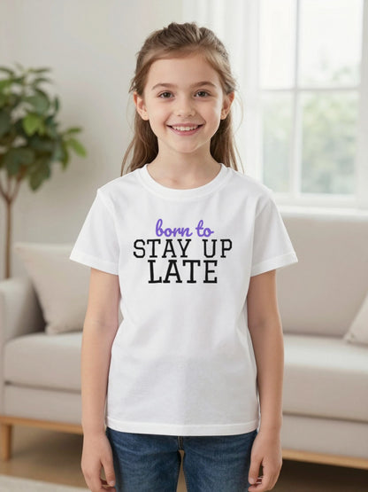 Kids Born To Stay Up Late T-Shirt, Sweatshirt & Hoodie worn by a child, another colour