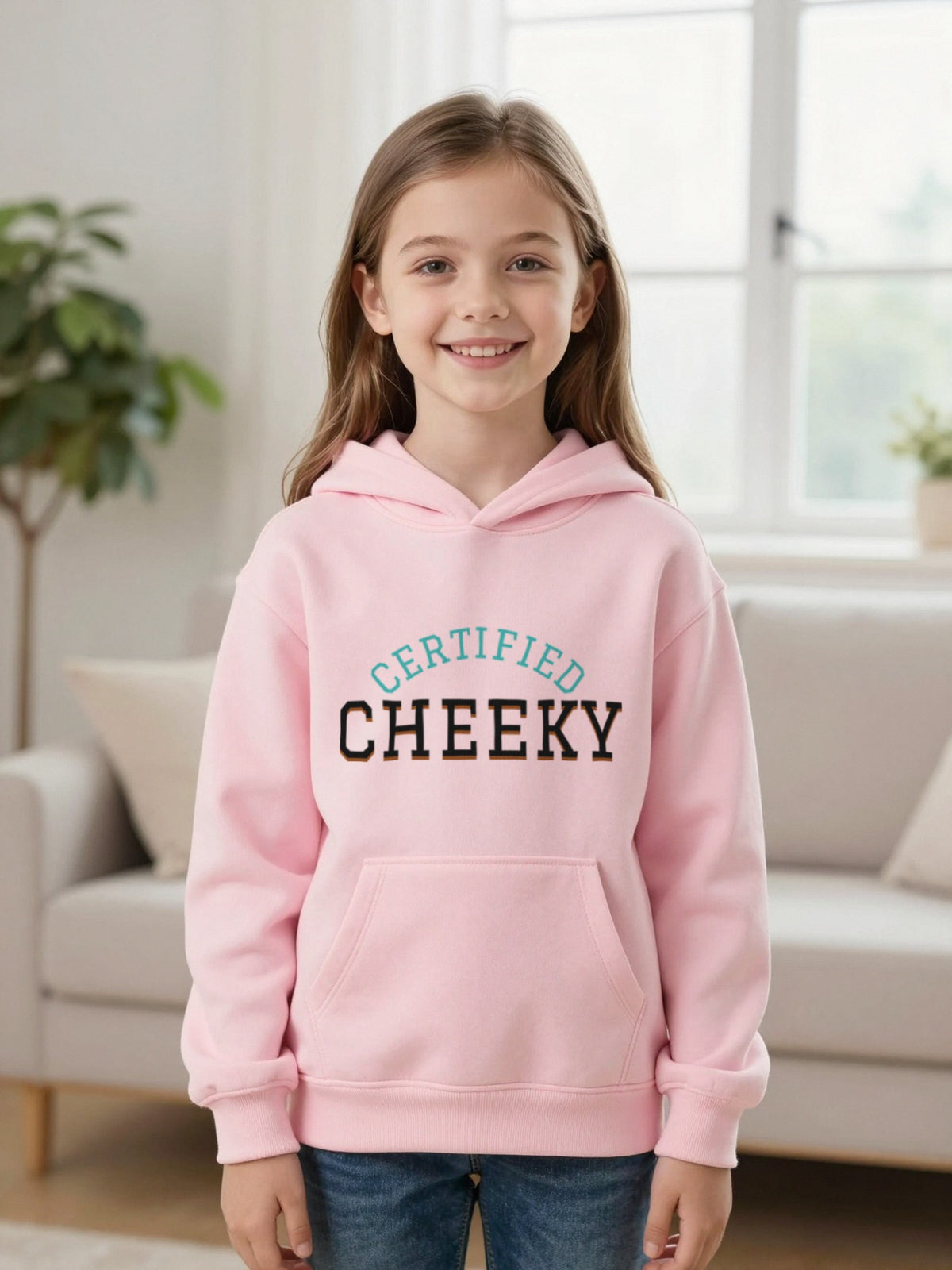 Kids Certified Cheeky T-Shirt, Sweatshirt & Hoodie Hoodie in Light Pink, worn by a child