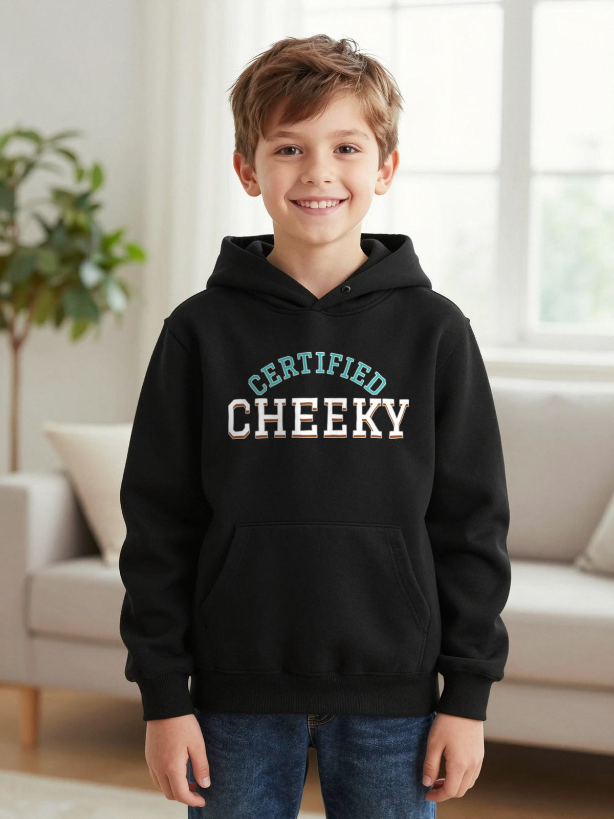 Kids Certified Cheeky T-Shirt, Sweatshirt & Hoodie Hoodie in Black, worn by a child