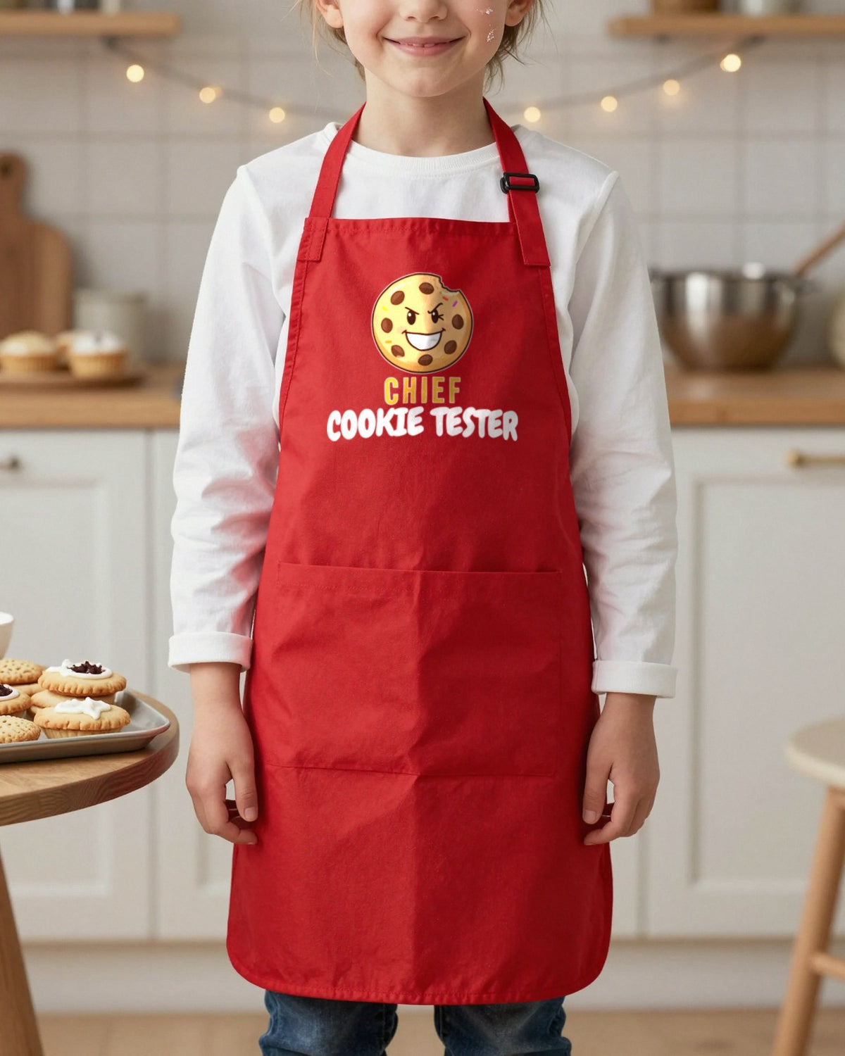 Chief Cookie Tester kids apron in Red, worn, our photo