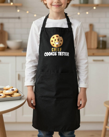 Chief Cookie Tester kids apron in Black, worn, our photo