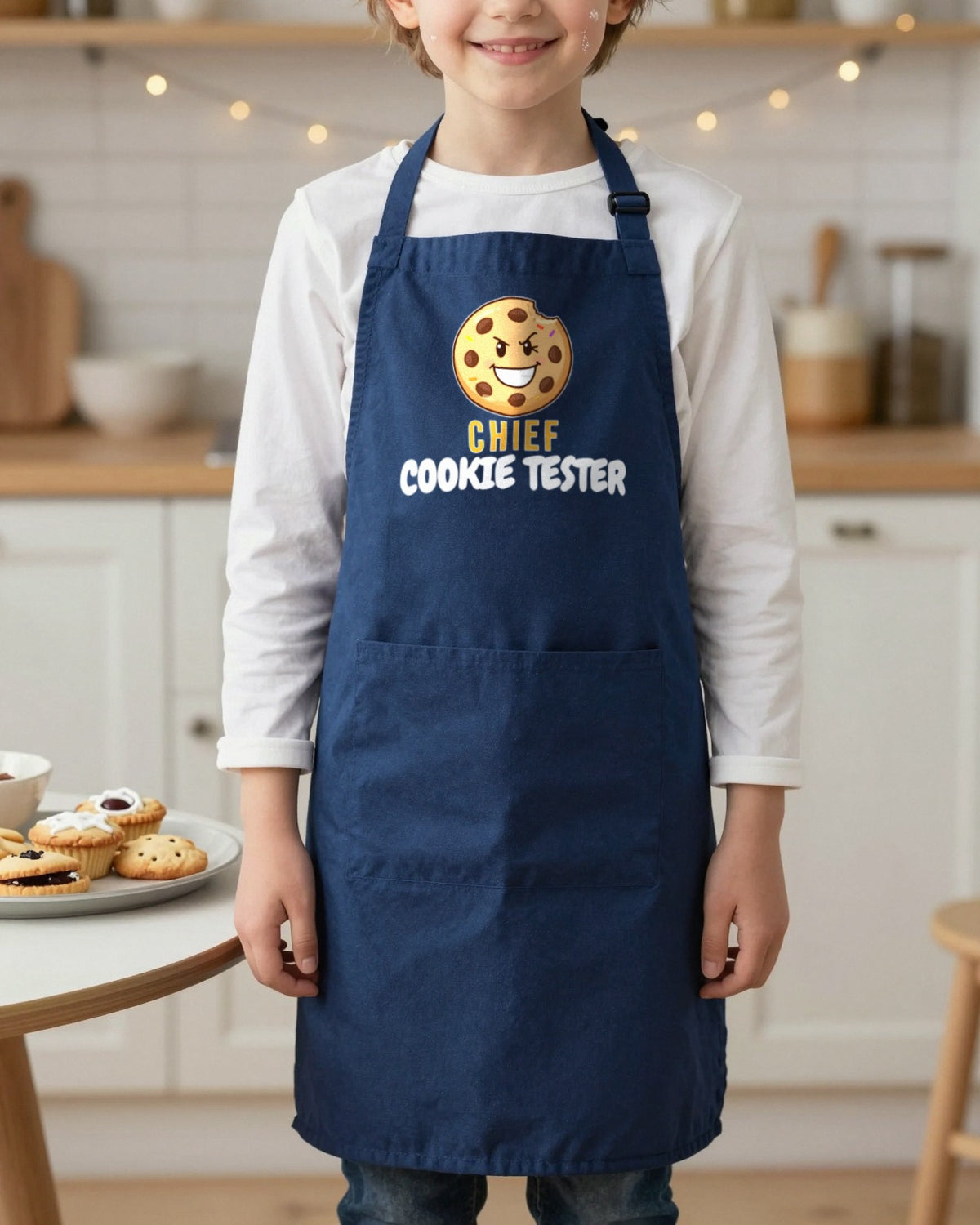 Chief Cookie Tester kids apron in Navy, worn, our photo