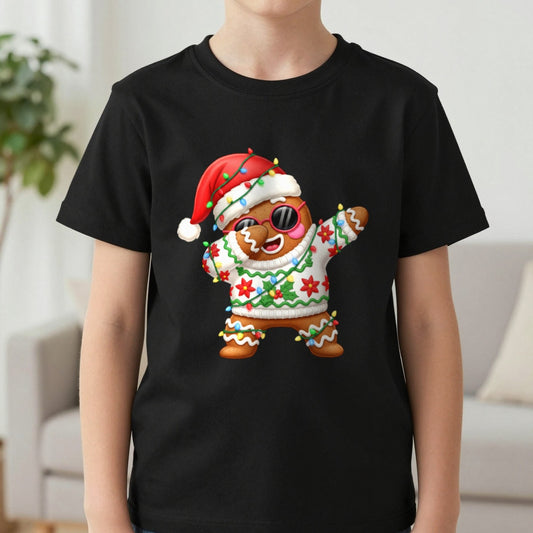 Dabbing Gingerbread Kids Christmas T-Shirt in Black, worn, our photo