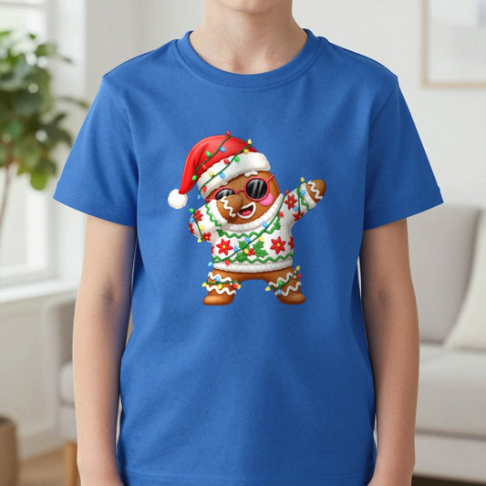 Dabbing Gingerbread Kids Christmas T-Shirt in Royal, worn, our photo
