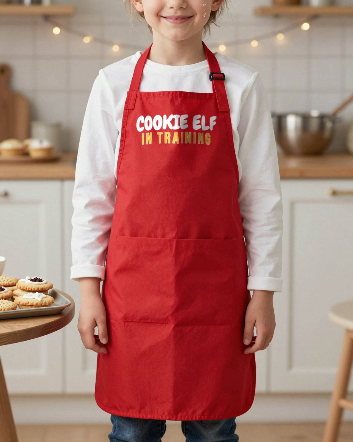 Cookie Elf In Training kids apron in Red, worn, our photo
